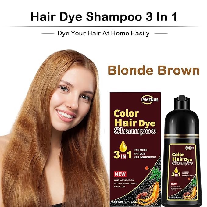 Golden Brown Hair Dye Shampoo 3 in 1, Instant Root Touch Up for All Hair Types & Full Hair Color, Lasts Up to 30 Days, Natural-Looking Color for Women & Men Champu Para Canas Easy Application, 500ml