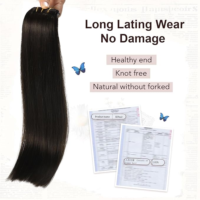 XDhair Clip in Hair Extensions Real Human Hair 16 Inch 100g Natural Straight Human Hair Clip in Extensions for Woman Double Weft #1B