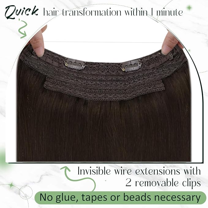RUNATURE 20 Inch Wire Hair Extensions Real Human Hair, Invisible Wire Hair Extensions Brown 100g One Piece, Remy Soft Silky Hair, Easy to Install with Adjustable Transparent Fish Line #2 Dark Brown