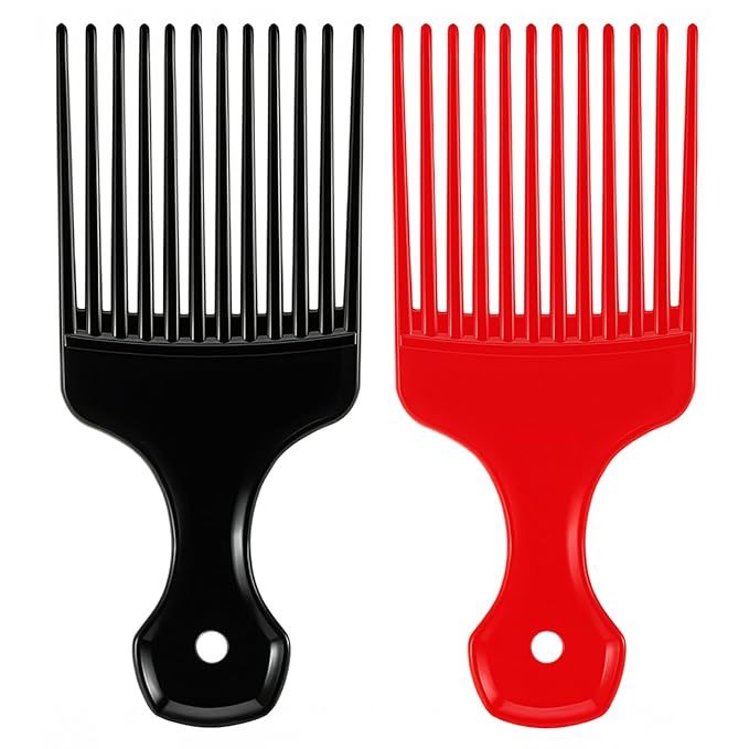 2 Pcs Hair Pick Comb Wide Tooth Lift for Hair Styling Detangling Plastic Afro Comb for Women Men (Black, Red)