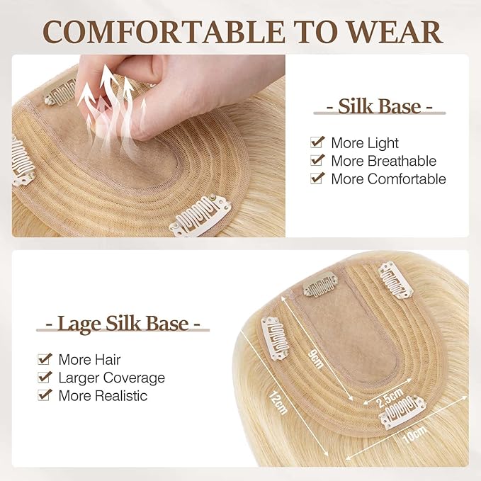 Rich Choices Hair Topper for Women Real Human Hair 100% Human Remy Toppers NO Bangs Hairs Toppers for Women with Thinning Hairs Clip in Hairpiece 4"x4.7"Lace Base 18 Inch #613 Bleach Blonde