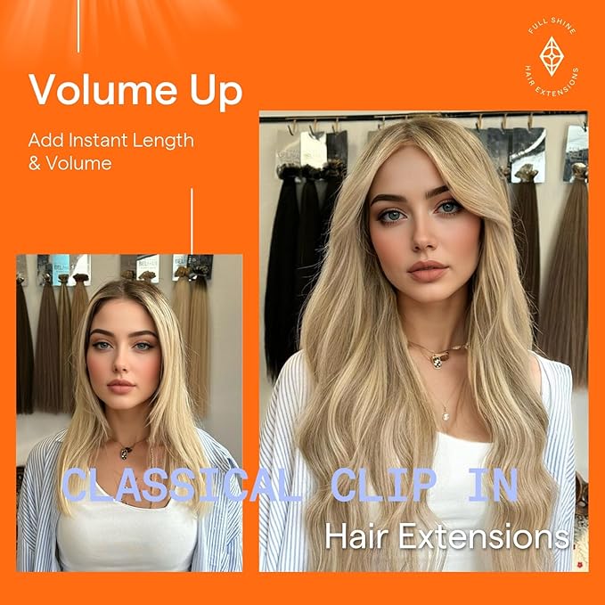 Full Shine Blonde Hair Extensions Clip ins 18 Inch Human Hair Clip ins Golden Blonde Highlight Extensions for Women Real Hair for Festivals 120 G 7 Pcs