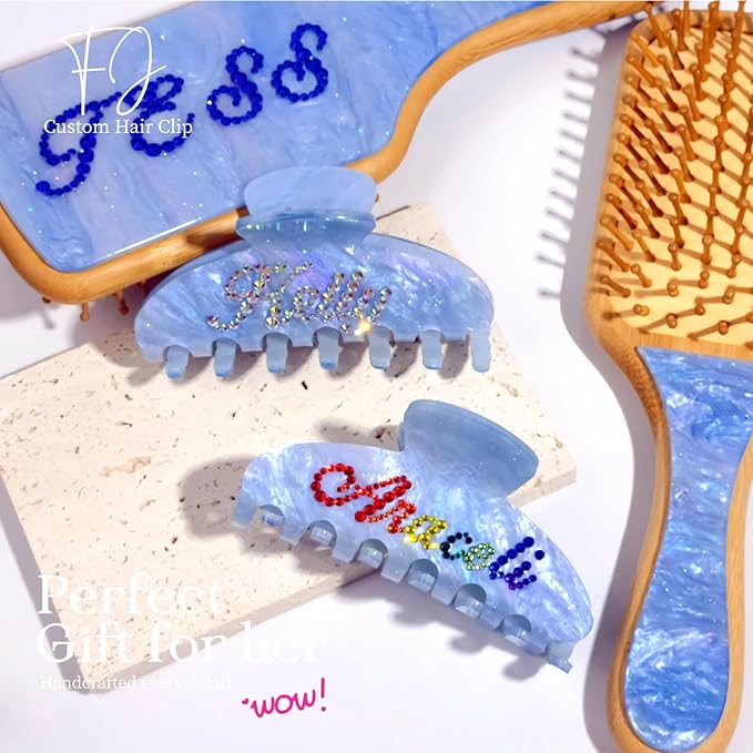 Personalized Colorful Name Hair Claw Clips for Women,Custom Hair Clips with Diamond,Cute Hair Accessories 4",Handmade Rhinestones Hair Clamp Gifts for Mom,Bride,Wife,Bridesmaid（Blue Sugar）