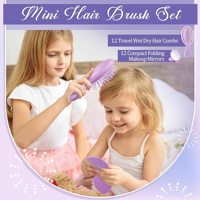 Meanplan 24 Pcs Mini Hair Brush Set 12 Travel Wet Dry Hair Combs Pocket Detangling 12 Compact Folding Makeup Mirrors for Spa Sleepover Birthday Bridal Shower Bachelorette Christmas Party Gift(Purple)