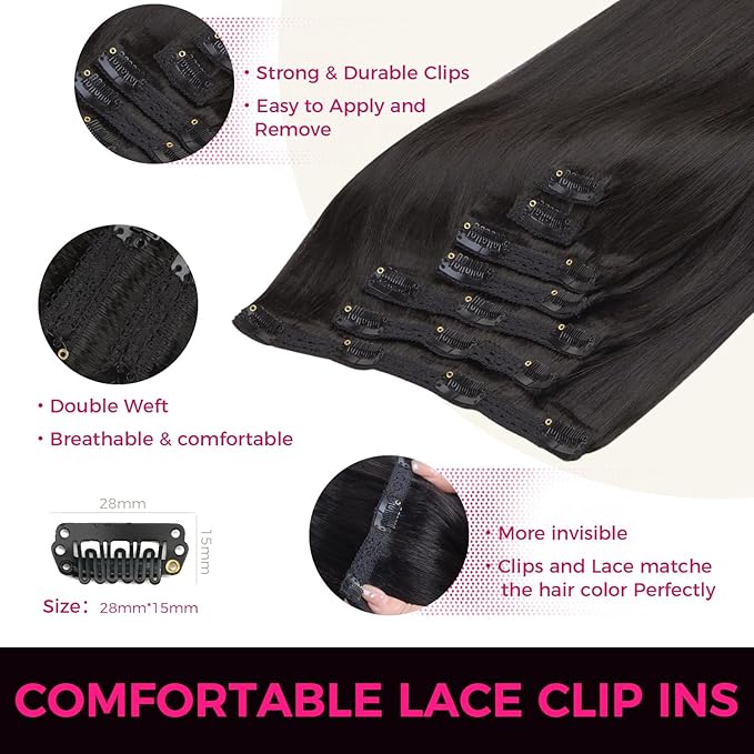 Lashey Human Hair Extensions Clip in Extensions Light Yaki Straight 18 Inch 7pcs 120g Hair Extensions Human Hair Natural Black Real Hair Extensions Clip in Human Hair for Women