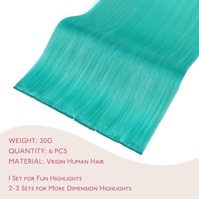 WENNALIFE Teal Green Clip in Hair Extensions Real Human Hair 35g 6pcs 22 Inch Colored Hair Extensions for Kids Women Colorful Hair Pieces Pop-up Style Straight Extensiones De Cabello Humano Con Clip