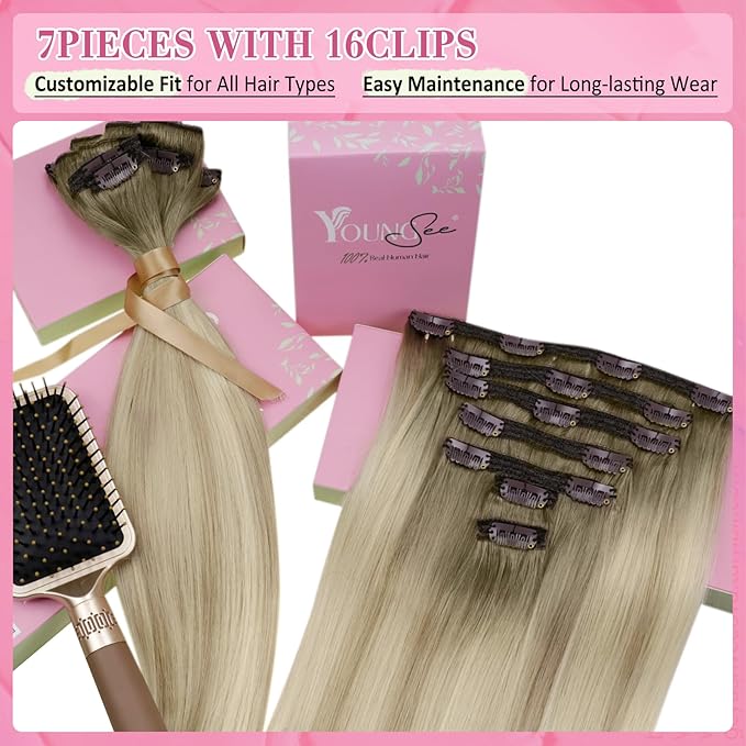 YoungSee Ash Blonde Hair Extensions Clip ins Ombre Platinum Blonde Mix Ash Blond Clip in Extensions Balayaage Real Hair Extensions Clip in Human Hair Long Straight Hair 120G 7Pcs 22Inch