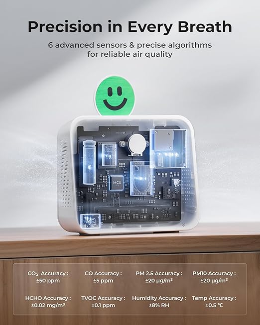 Air Quality Monitor Indoor, Portable Tester for CO2, CO, PM2.5, PM10, HCHO, TVOC, Temp & Humi, E-Ink Display with 3-Color Emoji Indicators, WiFi App Control, Air Quality Meter for Home/Office