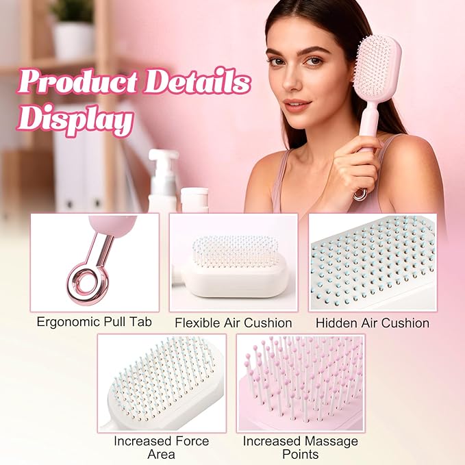 Self Cleaning Hair Brush, Retractable Hair Brush, Massage Comb With Retractable Bristles,Ergonomic Handle Hair Comb,One-pull Clean Anti Static Brushs, Hairs Styling Tools for All Hairs Types (Blue)