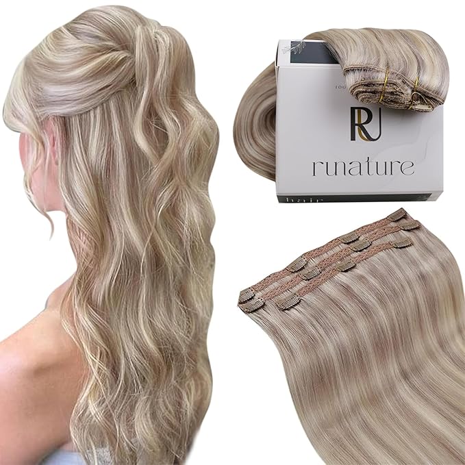 RUNATURE Clip in Hair Extensions Real Human Hair, Blonde Hair Extensions Clip Ins, Remy Human Hair Clip in Extensions, Add Hair volume, 14 Inch 50g 3pcs #19P60 Grey Blonde Highlight Platinum Blonde