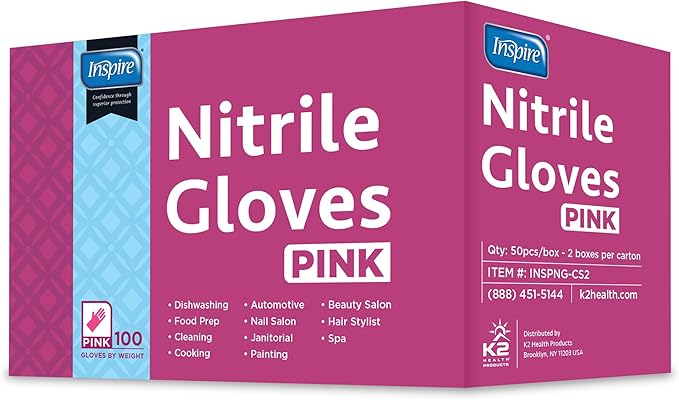 Inspire Pink Gloves Disposable Latex Free | Nitrile Pink Glove Hair and Nail Salon, Esthetician Nitrile Disposable Gloves