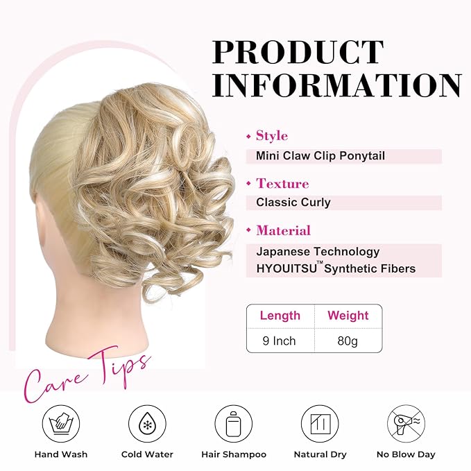 REECHO 9" Short Ponytail Extension, Classic Loose Curly Wavy Claw Clip Pony tails Hair Extensions HP001 Hairpieces for Women - Natural Blonde with Highlights
