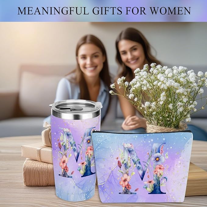 Personalized Gifts Monogrammed Birthday Gifts for Women, Her, Teacher Mother in Law Wedding Christmas Initial 20 oz Tumbler, Makeup Bag Cup Pens Journal Notebook 6 Set, (Aesthetic Purple Flower M)