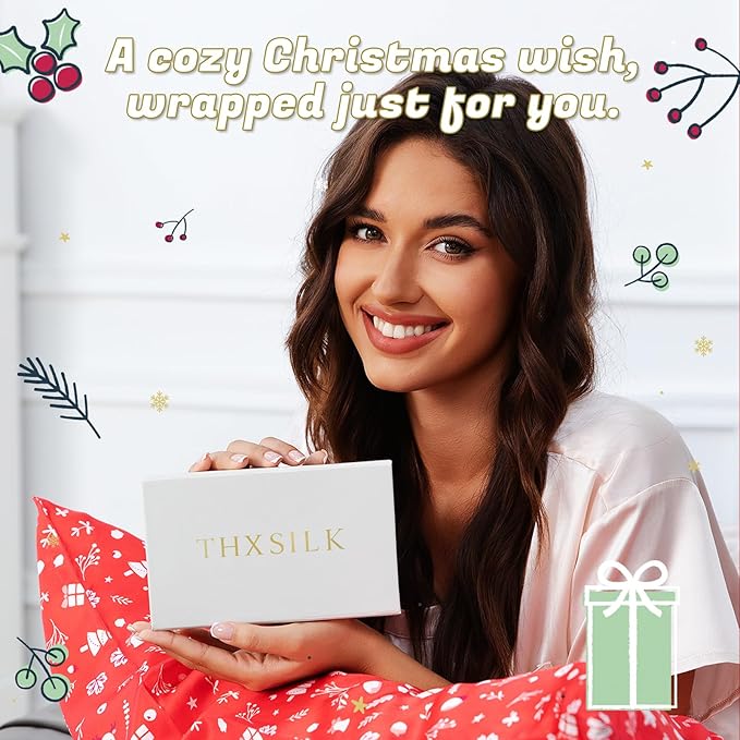 THXSILK Christmas Style 6A+ Grade Mulberry Silk Pillowcase for Hair and Skin, 22 Momme 100% Pure Silk Pillow Case with Hidden Zipper, Christmas Holly Printed Pillow Cover, Red， Queen
