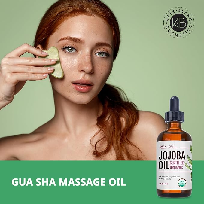 Kate Blanc Cosmetics Organic Jojoba Oil for Hair, Skin & Face (2oz, 100% Pure, Cold Pressed, Natural). Gua Sha Oil for Face & Dermaplaning