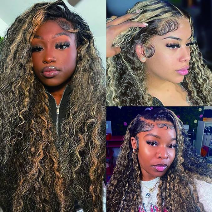 bangjazz 13x4 Deep Wave Lace Front Wigs Human Hair 180% Density Curly Lace Frontal Human Hair Wigs for Black Women #Fb/27 Human Hair HD Lace Wigs Black with Blonde Colored Lace Frontal Wig 16 Inch