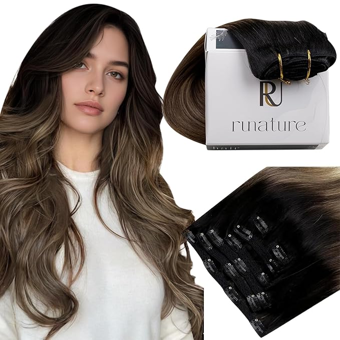 RUNATURE Balayage Clip in Hair Extensions, 18 Inch Hair Extensions Clip Ins, Double Weft Human Hair Clip in Extensions, Remy Natural Hair, 120g 7pcs #1B/6/27 Black Rooted to Brown Highlight Blonde