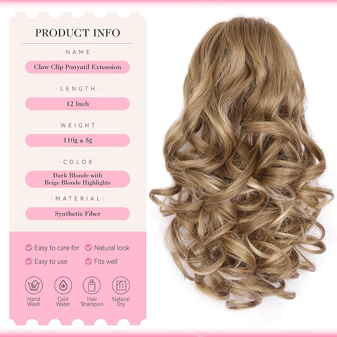 12 Inch Blonde Ponytail Extension - Clip in Ponytail Hair Extensions, Curly Wavy Pony Tails Hair Extensions, Claw Clip Ponytail Extension for Women (Color: Dark Blonde With Beige Highlights)