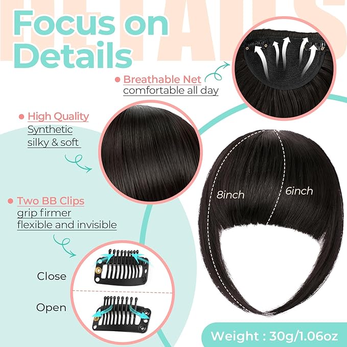 Clip in Bangs, Synthetic French Bangs Hair Clip, Fake Bangs Fringe with Temples Hairpieces for Women Natural Curved Hair Extensions for Daily Wear Dark Brown
