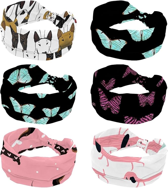 6 Pcs Stretchy Headbands for Women, Absorbed Sport Headband Soft Twist Knotted Headbands for Daily Life Yoga Workout, Dogs Collection Multi Animal
