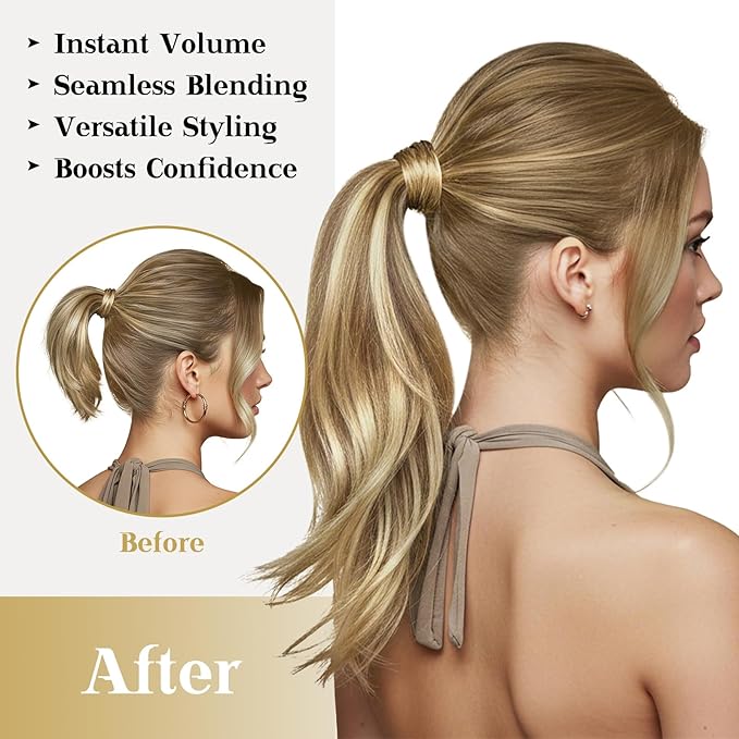 Ve Sunny Hair Extensions Ponytail Real Human Hair Wrap Around Clip in Ponytail Hair Extensions Straight Extensions Human Hair for Women Chestnut Brown Ombre Platinum Blonde Balayage 22inch 80G