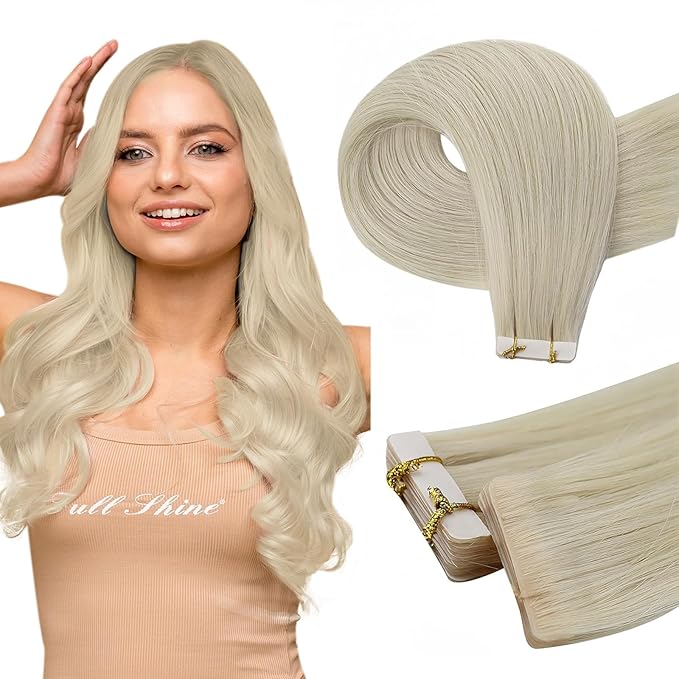 Full Shine Intact Machine Remy Tape in Virgin Hair Extensions Color Blonde Invisible Seamless Injection Tape in Hair Extensions 16 Inch for Women 10Pcs 20G
