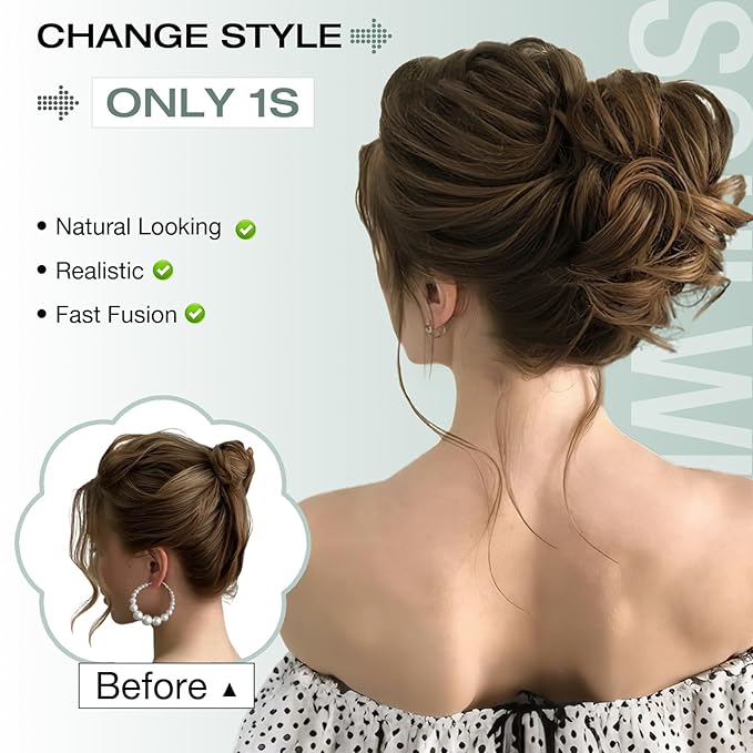Messy Bun Hair Piece Wavy Curly Scrunchies Fluffy Donut Thick Updo Elegant Chignon Hairpieces for Women Girls, Light Chestnut Brown 1.4oz