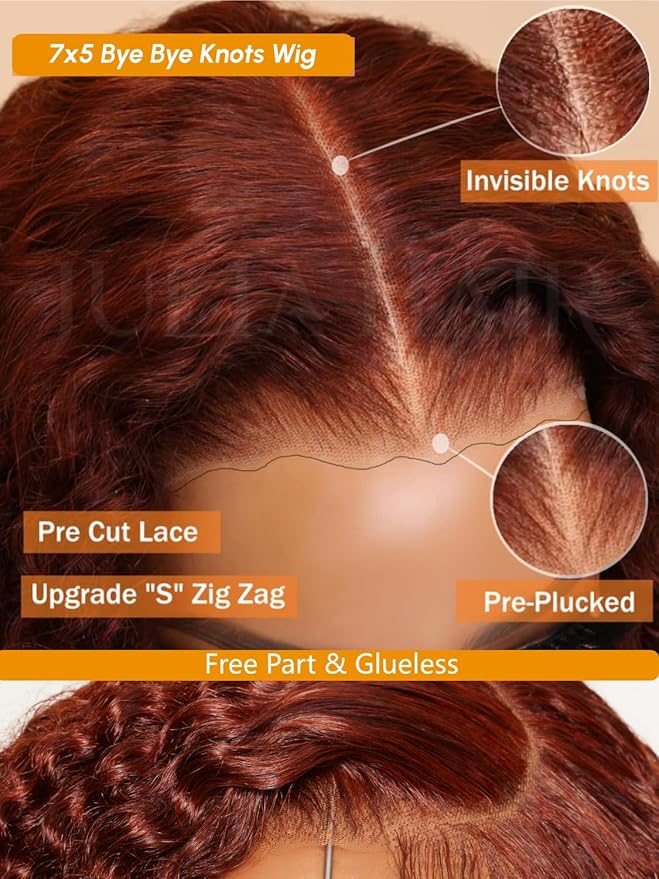 Julia Hair Reddish Brown Glueless Jerry Curly Human Hair Invisi-Drawstring Wig Auburn Pre Cut 7x5 Lace Front Wigs Pre Plucked Bleached Pre Cut Lace Closure Natural Hairline Put On and Go 24 Inch