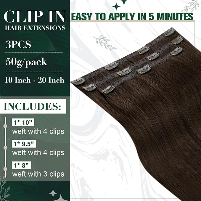 RUNATURE Brown Clip in Hair Extensions, Real Human Hair Clip in Extensions, Short Hair Extensions Clip Ins 10 Inch, Double Weft Remy Natural Hair, Tangle Free, 50g 3pcs #2 Dark Brown