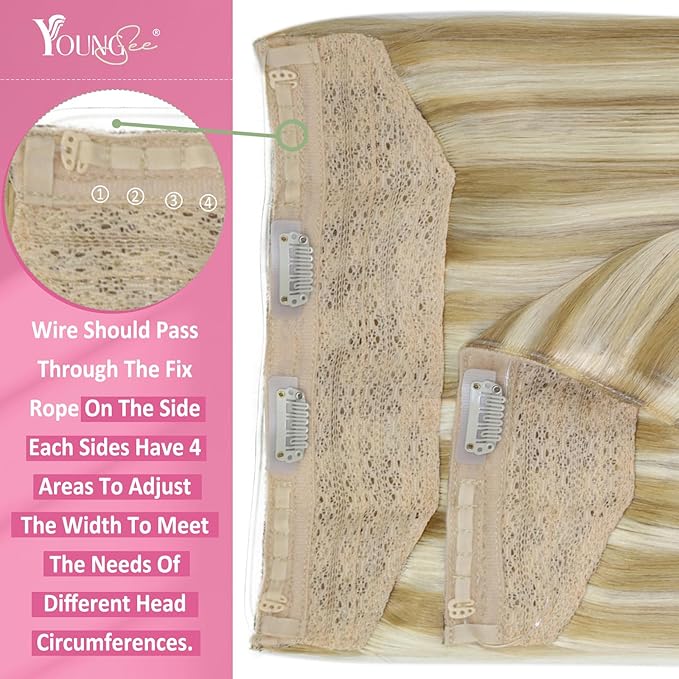 YoungSee Wire Human Hair Extensions Balayage Wire Hair Extensions Real Human Hair Ombre Medium Brown to Caramel Blonde with Brown Fish Line Remy Hair Extension 14 Inch 70g