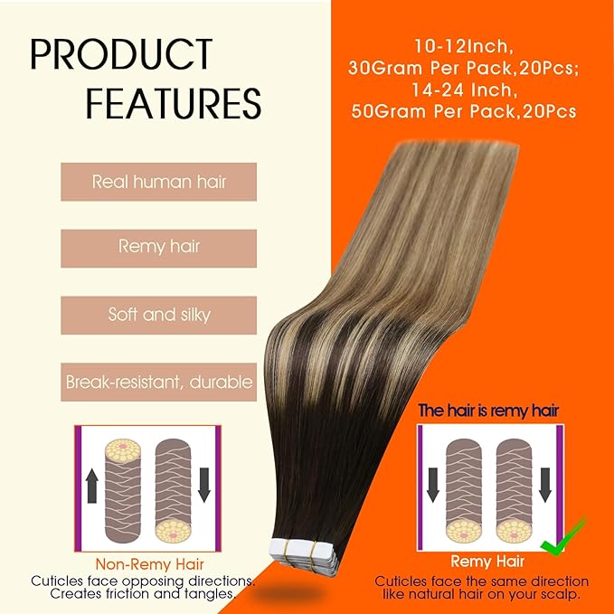 Full Shine Brown And Blonde Tape in Hair Extension Real Remy Natural Color 4 Brown Ombre 27 Blonde And 8 Brown Highlight 60 Invisible Tape in Human Hair Extension 16Inch for Women Add Volume 50G 20Pcs