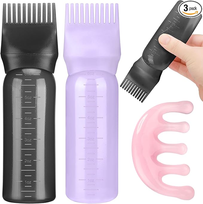 2 Pack Hair Oil Applicator Bottle for Scalp with Massage Comb,6 OZ Hair Oil Bottle with Root Comb for Scalp, Shampoo Scrubber Applicator,Hair Dye Tools(Black, purple)