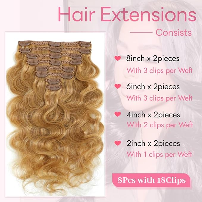 Clip in Hair Extensions Real Human Hair Body Wave 27 Honey Blonde Clip in 100% Brazilian Remy Human Hair Extensions 8pcs Per Set with 18 Clips Double Weft 24 Inch 120g/3.6oz