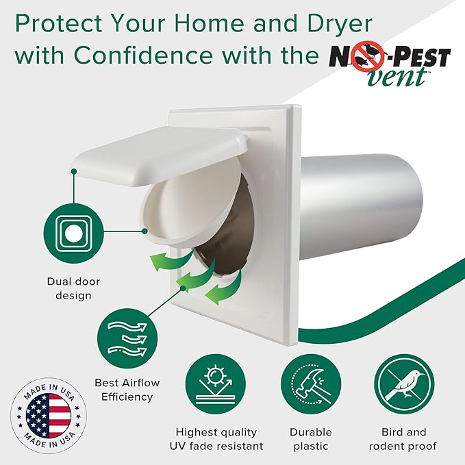 NO-PEST VENT, Exclusive Dual Door Dryer Vent Cover Outdoor 4 inch, Made in USA w Highest UV Resistant Plastic in any Outdoor Vent Cover, No Lint Collecting Screen (Tan, 4” Metal Vent With Duct Tube)