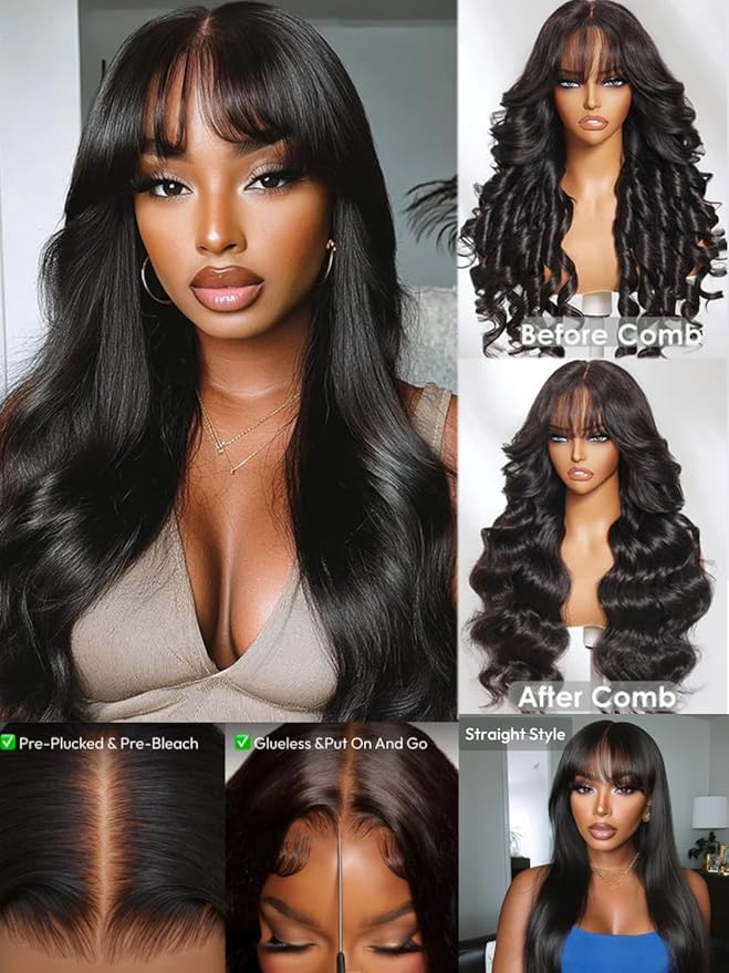 KLAIYI Fluffy Body Wave Curtain Bang Wig Bye Bye Knots Glueless Pre Cut 7x5 Lace Front Wigs Human Hair Loose Wave Pre Bleached Pre Plucked Pre Everything 3S Easy to Wear and Go Wig 180% Density 24Inch