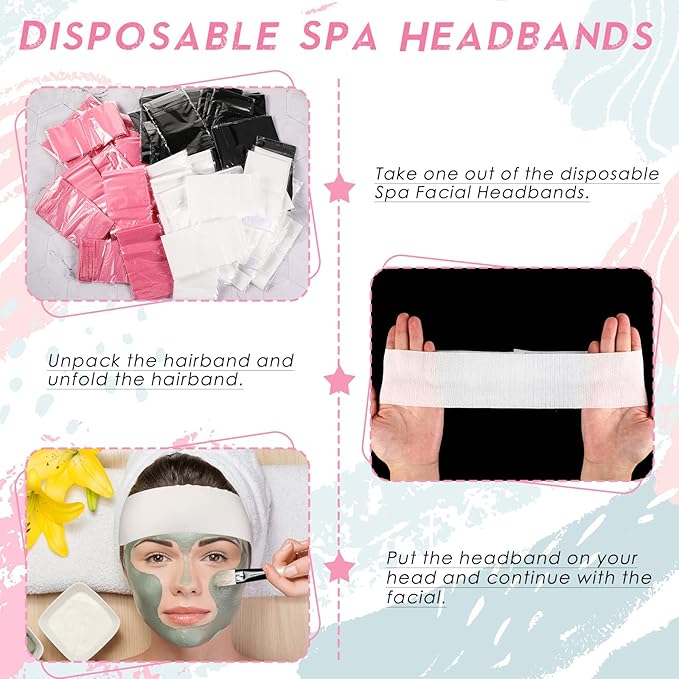 Hanaive 120 Pieces Disposable Headbands for Facials Spa Headbands with Convenient Closure Stretch Non Woven Skin Care Hair Band Soft for Women Salons Face Washing, Shower, Pink, Black, White