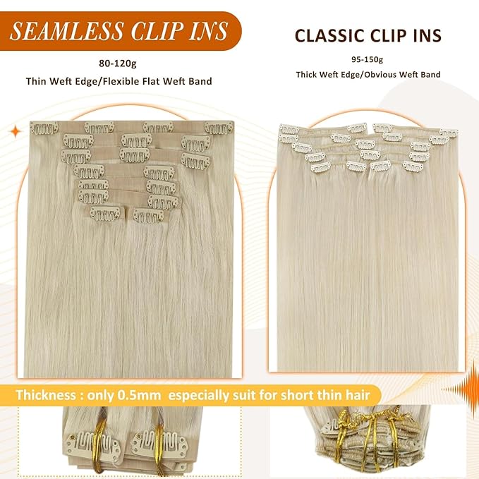Full Shine Clip in Extensions Platinum Blonde Real Hair Extensions Clip in Human Hair Blonde Invisible Hair Extension with PU Weft Straight Hair 16 Inch 8 PCS 120 G