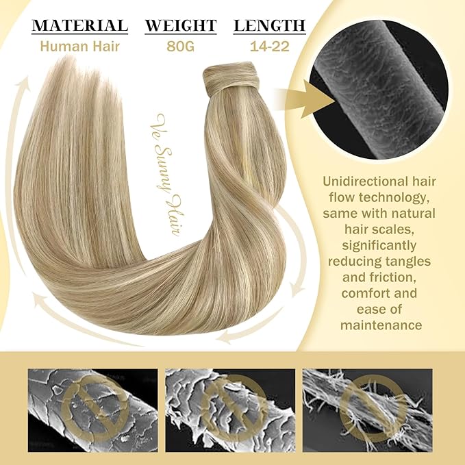 Ve Sunny Hair Extensions Ponytail Real Human Hair Wrap Around Clip in Ponytail Hair Extensions Straight Extensions Human Hair for Women Dark Golden Blonde Highlights 20inch 80G