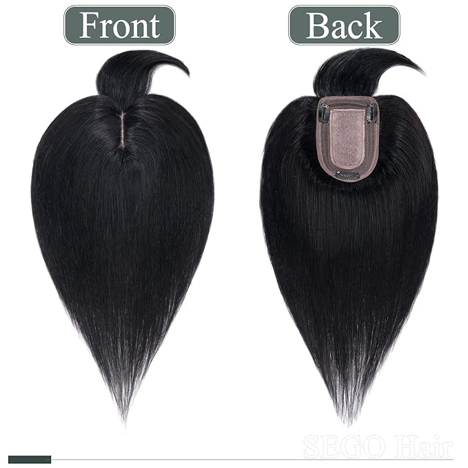 SEGO Hair Toppers for Women Real Human Hair with Thinning Hair, Toppers Hair Pieces Clip in Toppers Straight Hair Pieces with Front Bangs 150% Density Silk Base -8 Inch #1 Jet Black