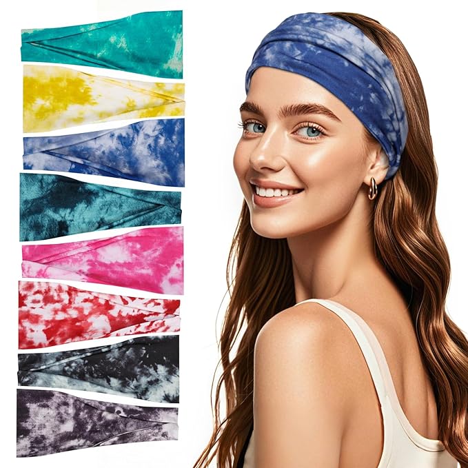 obeoby Tie Dye Headbands for Women, 8Pcs Boho Hairbands Fashion Knot Wide Headband for Daily Yoga Work, Hippie Gifts for Women