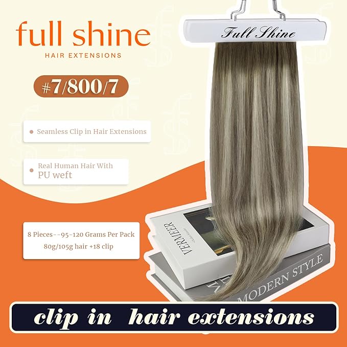 Full Shine 16 Inch Seamless Clip in Hair Extensions Balayage Remy Human Hair Clip in Brown to Platinum Blonde Real Human Hair Clip ins Softness 8 PCS 120 G