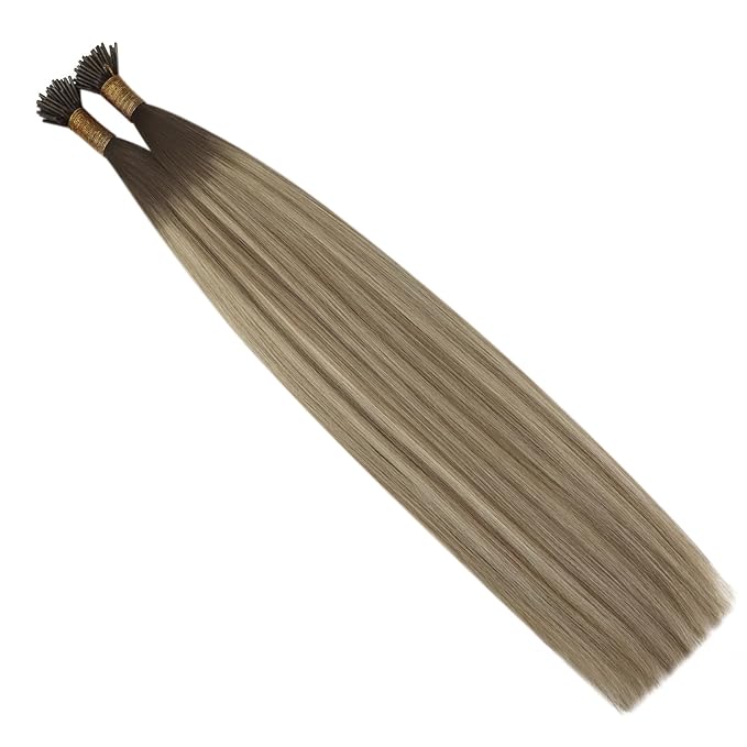 YoungSee I Tips Hair Extensions Real Human Hair Ombre 16In Itips Human Hair Extensions Dark Brown Ombre Blonde with Light Brown I Tip Hair Extension Balayage 50g 80s Straight Hair