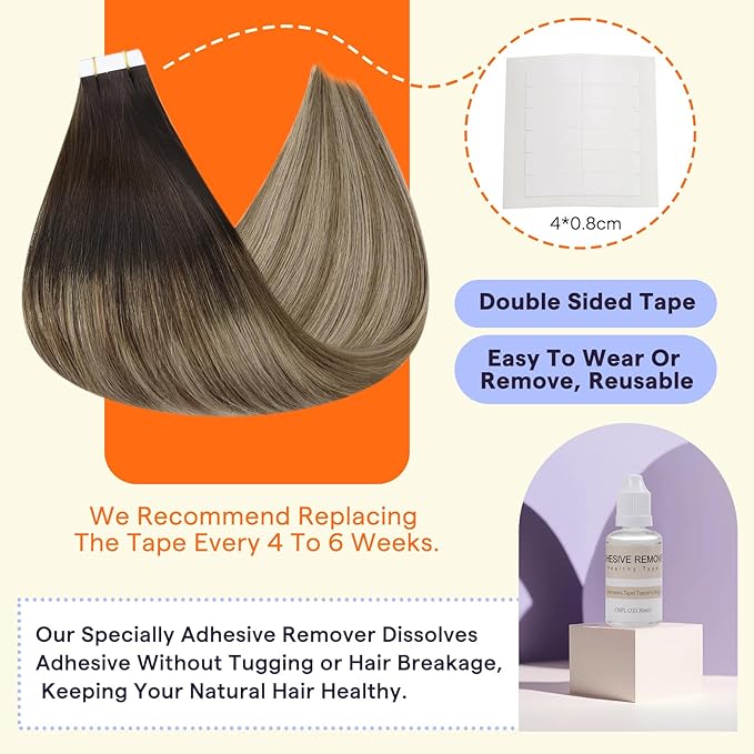 Full Shine Seamless Tape in Hair Extensions 20 Inch Full Head Remy Tape on Hair Shine Invisible Hair Extensions Color 2 Darkest Brown Fading To 6 And 18 Ash Blonde 50 Gram Tape Human Hair for Wedding