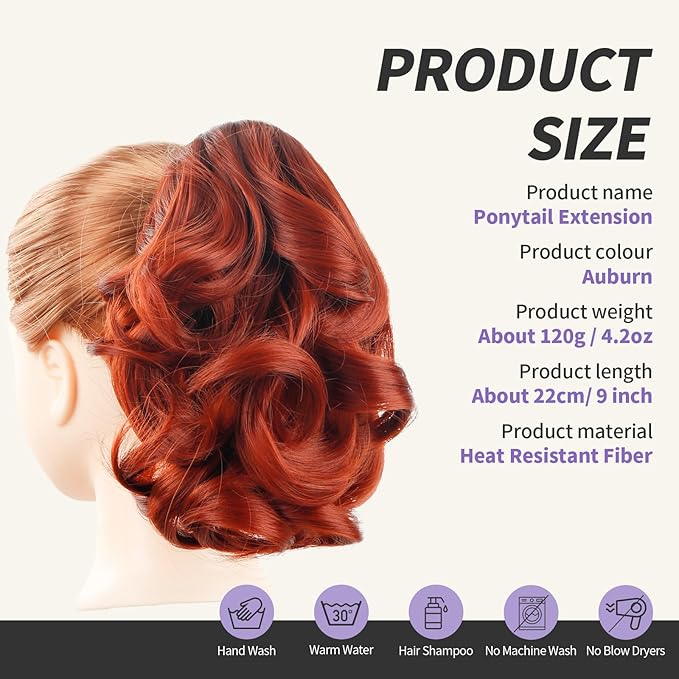 Auburn Ponytail Extension,9" Short Curly Wavy Claw Clip Pony tails Hair Extensions Natural Soft Synthetic Hairpiece for Women