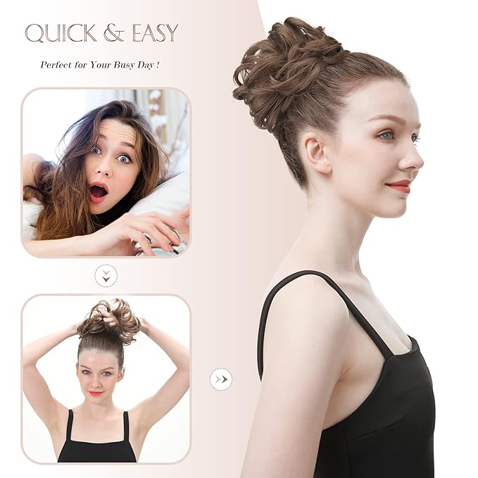 FESHFEN Messy Bun Hair Piece - Large Elastic Wavy Curly Hair Bun Scrunchies Ponytail Extensions Synthetic Chignon Hairpieces for Women, Dirty Blonde 1.94oz