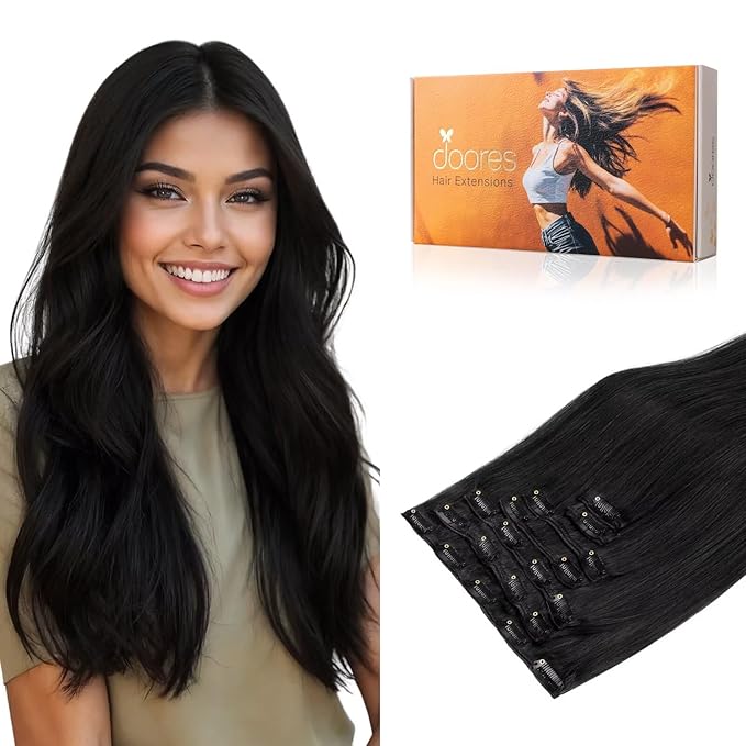 DOORES Clip in Hair Extensions, Jet Black 14 Inch 7pcs 100g, Remy Clip in Real Natural Hair Extensions Straight Thick Weft