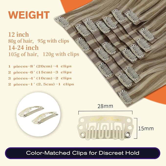 Full Shine Clip in Hair Extensions Human Hair Dark Blonde Mix Light Blonde Seamless Hair Extension Clip ins PU Weft for Women 20 Inch 8 PCS 120 Grams