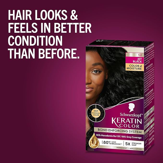 Schwarzkopf Keratin Color, Color & Moisture Permanent Hair Color Cream, 1.2 Jet Black, 1 Kit (Pack of 2)