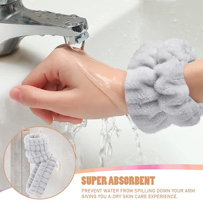 Face Washing Headband and Wristband Set of 2, Microfiber Spa Wristbands with Holder, Absorbent Wrist Scrunchies