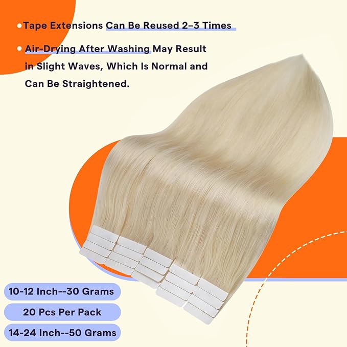 Full Shine Blonde Tape in Hair Extensions Human Hair 10 Inch Color 60 Blonde Invisible Double Sided Remy Human Hair Tape in Extensions 20PCS Natural Seamless Skin Weft 30 Grams Add Volume